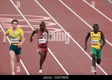 Rohan Browning (AUS), Femi Ogunode (QAT), oblique Séville (JAM) concourent sur la demi-finale de 100m masculin lors des Jeux Olympiques Tokyo 2020, Athlétisme, le 1er août 2021 au Stade Olympique de Tokyo à Tokyo, Japon - photo Yoann Cambefort / Marti Media / DPPI Banque D'Images
