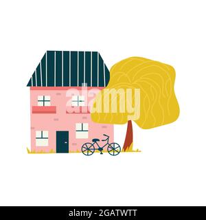 Maison en brique rose avec balcons. Le vélo se trouve à côté d'une maison et d'un grand arbre. Dessin animé d'illustration à vecteur coloré isolé Illustration de Vecteur