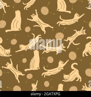 Motif sans couture avec chats en différentes poses et fils avec aiguilles à tricoter. Illustration vectorielle colorée dessinée à la main. Arrière-plan marron Illustration de Vecteur