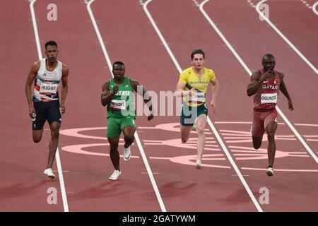 Zharnel Hugues (GBR), Enoch Adegoke (NGR) Rohan Browning (AUS), Femi Ogunode (QAT), disputent la demi-finale de 100m masculin lors des Jeux Olympiques Tokyo 2020, Athlétisme, le 1er août 2021 au Stade Olympique de Tokyo à Tokyo, Japon - photo Yoann Cambefort / Marti Media / DPPI Banque D'Images