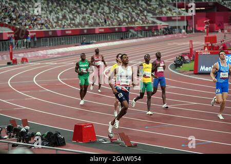 1er août 2021 ; Stade olympique, Tokyo, Japon : Tokyo 2020 Jeux Olympiques d'été jour 9 ; Mens 100 mètres semi-finale chauffes ; HUGHES Zharnel, de Grande-Bretagne, remporte la demi-finale numéro 2 devant ADEGOKE Enoch (NGR) BROMELL Trayvo (USA) SEVILLE oblique (JAM) BROWNING Rohan (AUS)MASWANGANYI Shaun (RSA) TORTU Filippo (ITA) et FemOGDE UNOI (QAT) Banque D'Images