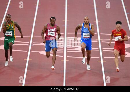 Tokyo, Japon. Crédit: MATSUO. 1er août 2021. SIMBINE Akani (RSA), BAKER Ronnie (USA), JACOBS Lamont Marcell (ITA), SU Bingtian (CHN) Athlétisme : semi-finale de 100m masculin lors des Jeux Olympiques de Tokyo 2020 au Stade National de Tokyo, Japon. Credit: MATSUO .K/AFLO SPORT/Alay Live News Banque D'Images