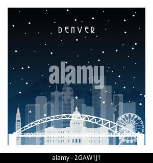 Nuit d'hiver à Denver. Ville nocturne de style plat pour bannière, affiche, illustration, arrière-plan. Illustration de Vecteur