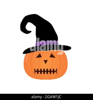 Citrouille d'Halloween avec visage effrayant, isolée sur fond blanc. Chapeau de sorcière noir sur citrouille. Illustration vectorielle. Illustration de Vecteur