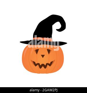 Citrouille d'Halloween Vector dans un chapeau de sorcière, isolé sur fond blanc. Joyeux visage de citrouille pour Halloween. Illustration de Vecteur
