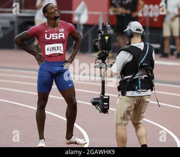 Tokyo, Japon. 1er août 2021. Le américain Fred Kerley remporte la médaille d'argent avec un temps de 9.84 dans la finale masculine de 100m au stade olympique pendant les Jeux olympiques d'été de 2020 à Tokyo, au Japon, le dimanche 1er août 2021. En Italie, Lamont Marcell Jacobs a remporté la médaille d'or avec un temps de 9.80/ photo par Tasos Katopodis/UPI crédit: UPI/Alay Live News Banque D'Images