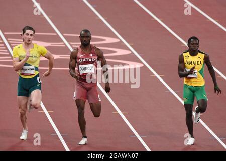 Rohan Browning (AUS), Femi Ogunode (QAT), oblique Séville (JAM) concourent sur la demi-finale de 100m masculin lors des Jeux Olympiques Tokyo 2020, Athlétisme, le 1er août 2021 au Stade Olympique de Tokyo à Tokyo, Japon - photo Yoann Cambefort / Marti Media / DPPI Banque D'Images