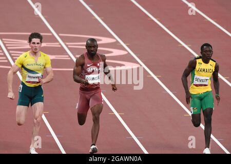 Rohan Browning (AUS), Femi Ogunode (QAT), oblique Séville (JAM) concourent sur la demi-finale de 100m masculin lors des Jeux Olympiques Tokyo 2020, Athlétisme, le 1er août 2021 au Stade Olympique de Tokyo à Tokyo, Japon - photo Yoann Cambefort / Marti Media / DPPI Banque D'Images