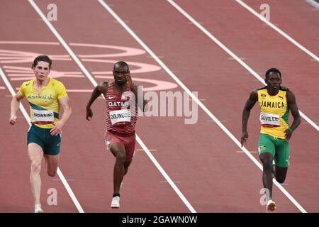 Rohan Browning (AUS), Femi Ogunode (QAT), oblique Séville (JAM) concourent sur la demi-finale de 100m masculin lors des Jeux Olympiques Tokyo 2020, Athlétisme, le 1er août 2021 au Stade Olympique de Tokyo à Tokyo, Japon - photo Yoann Cambefort / Marti Media / DPPI Banque D'Images