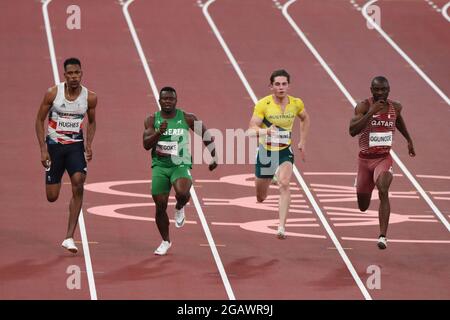 Zharnel Hugues (GBR), Enoch Adegoke (NGR) Rohan Browning (AUS), Femi Ogunode (QAT), disputent la demi-finale de 100m masculin lors des Jeux Olympiques Tokyo 2020, Athlétisme, le 1er août 2021 au Stade Olympique de Tokyo à Tokyo, Japon - photo Yoann Cambefort / Marti Media / DPPI Banque D'Images