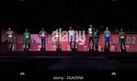 Tokyo, Japon. 1er août 2021. Les athlètes participent à la finale du 100m masculin aux Jeux Olympiques de Tokyo en 2020 à Tokyo, au Japon, le 1er août 2021. Credit: Li Gang/Xinhua/Alay Live News Banque D'Images