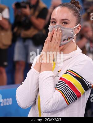 Tokyo, Japon. 1er août 2021. Nina Derwael, de Belgique, réagit après la finale de gymnastique artistique inégale des barreaux féminins aux Jeux Olympiques de Tokyo en 2020 à Tokyo, au Japon, le 1er août 2021. Crédit : CAO CAN/Xinhua/Alay Live News Banque D'Images