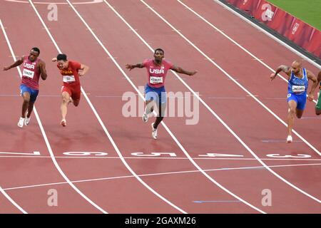 Ronnie Baker (Etats-Unis), Bingtian su (CHN), Fred Kerley (Etats-Unis), Lamont Marcell Jacobs (ITA), finale de 100m masculin lors des Jeux Olympiques Tokyo 2020, Athlétisme, le 1er août 2021 au Stade Olympique de Tokyo à Tokyo, Japon - photo Yoann Cambefort / Marti Media / DPPI Banque D'Images