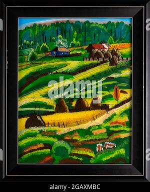 Peinture en verre inversé encadrée d'une ferme de campagne dans la région de Maramures en Roumanie. Peinture colorée naïve de paysage vallonné. Banque D'Images