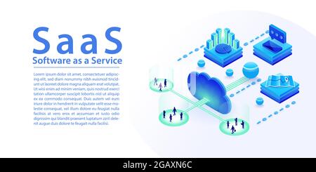 Infographie sur le concept de logiciel SaaS en tant que service. Illustration vectorielle isométrique 3d des services SaaS via le cloud, tels que la création de rapports, le courrier, la communication Illustration de Vecteur