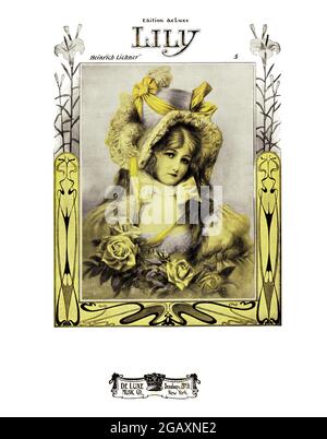 Lily, 1908 partitions de musique avec une jolie fille ou une femme en costume de mode d'époque avec grand chapeau de chapeau de chapeau de chapeau et tenant des roses Banque D'Images
