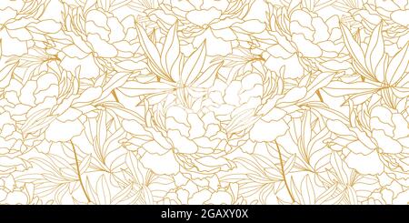 Motif sans couture avec lignes dorées, belles feuilles de pivoines, fleurs et bourgeons de couleur blanche. Illustration de Vecteur