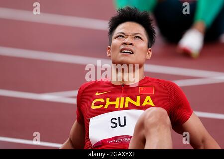 Tokyo, Japon, 1er août 2021. Bingtian su de Team China fête pendant la demi-finale de 100m masculin le jour 9 des Jeux Olympiques de Tokyo 2020 . Credit: Pete Dovgan/Speed Media/Alay Live News Banque D'Images