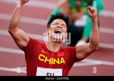 Tokyo, Japon, 1er août 2021. Bingtian su de Team China fête pendant la demi-finale de 100m masculin le jour 9 des Jeux Olympiques de Tokyo 2020 . Credit: Pete Dovgan/Speed Media/Alay Live News Banque D'Images