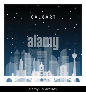 Nuit d'hiver à Calgary. Ville nocturne de style plat pour bannière, affiche, illustration, arrière-plan. Illustration de Vecteur