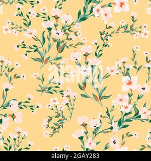 Magnifique motif fleuri. Fleurs roses entrelacées dans un motif sans couture sur un fond jaune doux Illustration de Vecteur