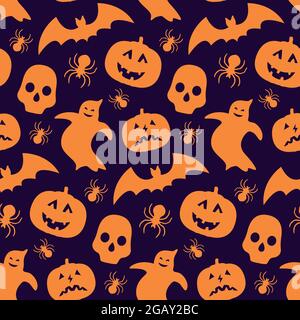 Motif sans couture amusant avec silhouette de citrouille, chauve-souris, fantôme et crâne. Papier peint vectoriel répétitif pour Halloween. Illustration de Vecteur