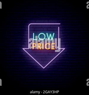 Panneau de signalisation au néon du Vendredi noir. Flèche lumineuse avec inscription bas prix. Modèle de conception vectoriel. Illustration de Vecteur