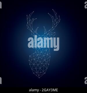 Silhouette de cerf polygonale brillante sur fond bleu foncé. Emblème géométrique de renne. Illustration vectorielle. Illustration de Vecteur