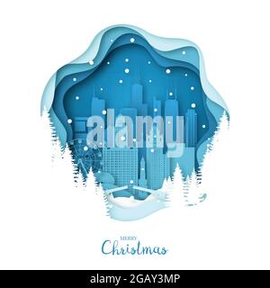 Ville enneigée de Chicago. Carte de voeux en papier pour joyeux Noël. Illustration vectorielle. Illustration de Vecteur