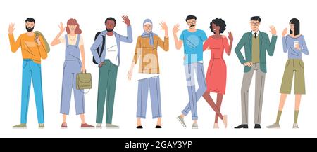 Les jeunes hommes et femmes saluent les personnages Illustration de Vecteur