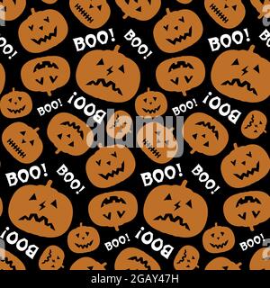Motif Halloween sans couture avec citrouille amusante et texte Boo. Papier peint vectoriel répétitif. Illustration de Vecteur