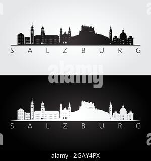 Silhouette des gratte-ciel et des monuments de Salzbourg, design noir et blanc, illustration vectorielle. Illustration de Vecteur