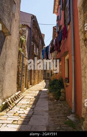 Une route résidentielle dans le village médiéval historique de Buje, en Istrie, Croatie Banque D'Images