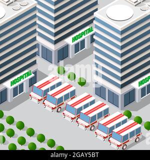 Illustration 3D isométrique du quartier de la ville avec l'hôpital Illustration de Vecteur