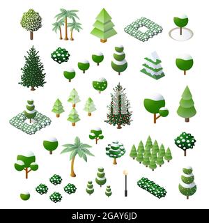 Définir Isométrique arbres 3d forêt éléments de nature fond blanc Illustration de Vecteur