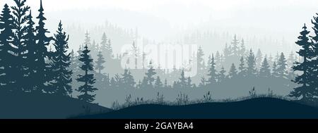 Bannière horizontale de forêt et de prairie, silhouettes d'arbres et d'herbe. Paysage magique et brumeux, brouillard. Illustration bleue et grise. Signet. Illustration de Vecteur