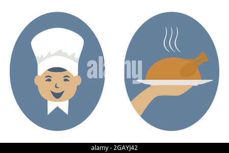 Plat de cuisine drôle et de main humaine avec des icônes de dinde rôties chaudes sur fond d'ellipse bleue. Jeune cuisinier dans le chapeau du chef. Vue avant. Chef souriant. ISO Illustration de Vecteur