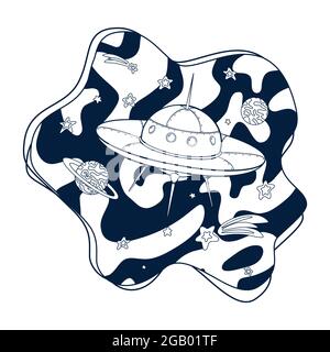 Page de coloriage de cartoon Spaceship. Vaisseau spatial et croquis des étoiles. Illustration d'OVNI pour livre de coloriage, logo, imprimé, décoration de pépinière, autocollant, Carte Illustration de Vecteur