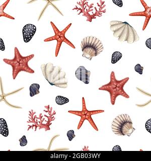 Motif sans couture avec étoiles de mer rouges, coquillages et corail. Impression de tendances vectorielles. Illustration de Vecteur