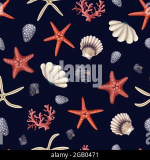 Motif sans couture avec étoiles de mer rouges, coquillages et corail. Imprimé vectoriel tendance. Illustration de Vecteur