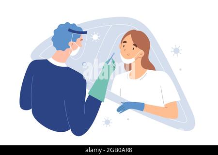 Vérification du covid-19 au drive, femme assise dans sa voiture et faisant l'objet d'un test d'infection par le coronavirus, travailleur médical recueillant des échantillons de covid avec un écouvillon nasal Illustration de Vecteur