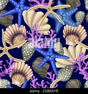 Motif sans couture avec étoiles de mer, coquillages et corail. Imprimé vectoriel tendance. Illustration de Vecteur