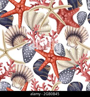 Motif sans couture avec étoiles de mer rouges, coquillages et corail. Imprimé vectoriel tendance. Illustration de Vecteur