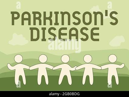 Signe écrit à la main Parkinson S est la maladie. Concept d'affaires désordre du système nerveux qui affecte le mouvement cinq personnes debout dessin tenant les mains Banque D'Images