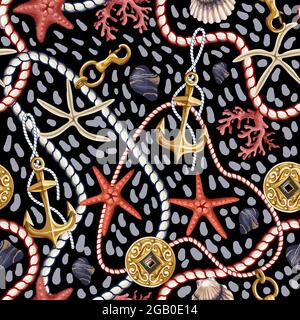 Motif sans couture avec étoiles de mer, coquillages et corde. Impression de tranchées vectorielles. Illustration de Vecteur