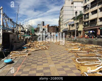 New Taipei, Taïwan - 6 juillet 2015 : vue du port de pêche de Yehliu sur la côte nord de Taïwan. Banque D'Images