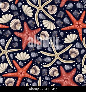 Motif sans couture avec étoiles de mer rouges, coquillages et corail. Impression de tendances vectorielles. Illustration de Vecteur