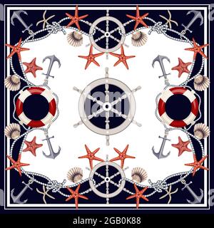 Foulard design avec étoiles de mer, ancres, coquillages et bouées de sauvetage. Vecteur. Illustration de Vecteur