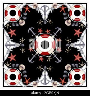 Foulard design avec étoiles de mer, ancres, coquillages et bouées de sauvetage. Vecteur. Illustration de Vecteur
