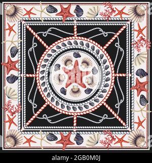 Foulard à motif étoiles de mer, coquillages et corde. Imprimé vectoriel tendance. Illustration de Vecteur